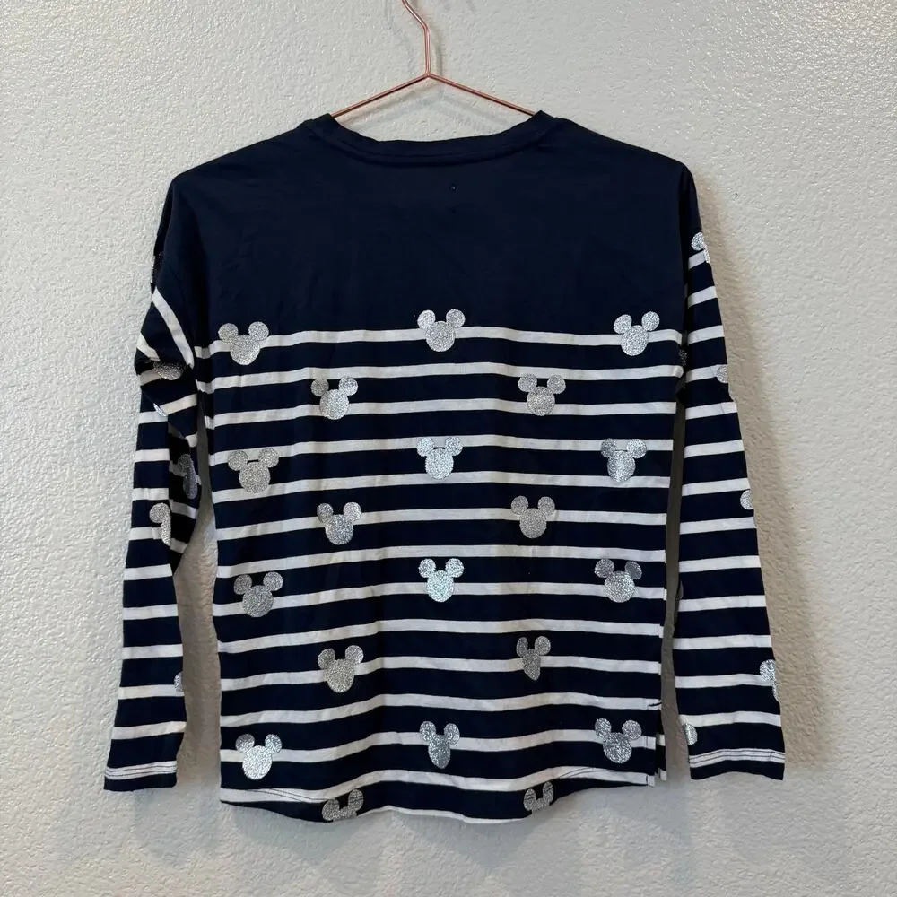 Gap Kids x Disney navy blue white stripe silver Mickey tee t-shirt long sleeve